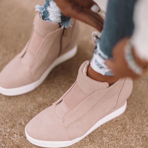 A Mermaid's Epiphany Shoes - Tegan | Faux Suede Pinhole Wedge Sneakers | Blush